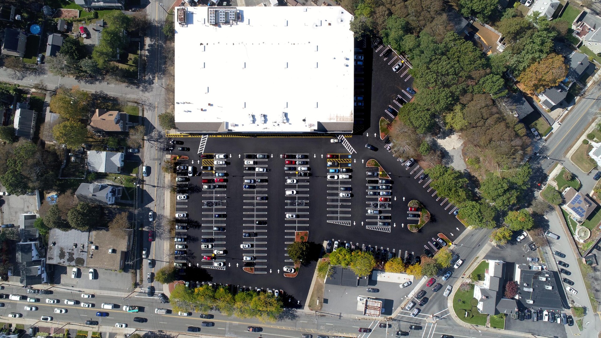 An aerial view of a parking lot.