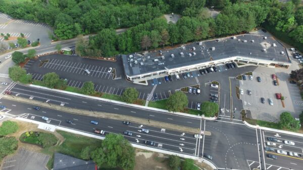 An aerial view of a parking lot.