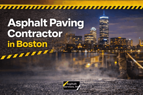 Nighttime view of Boston skyline with text "Asphalt Paving Contractor in Boston" and the Asphalt Services, Inc. logo in the foreground.