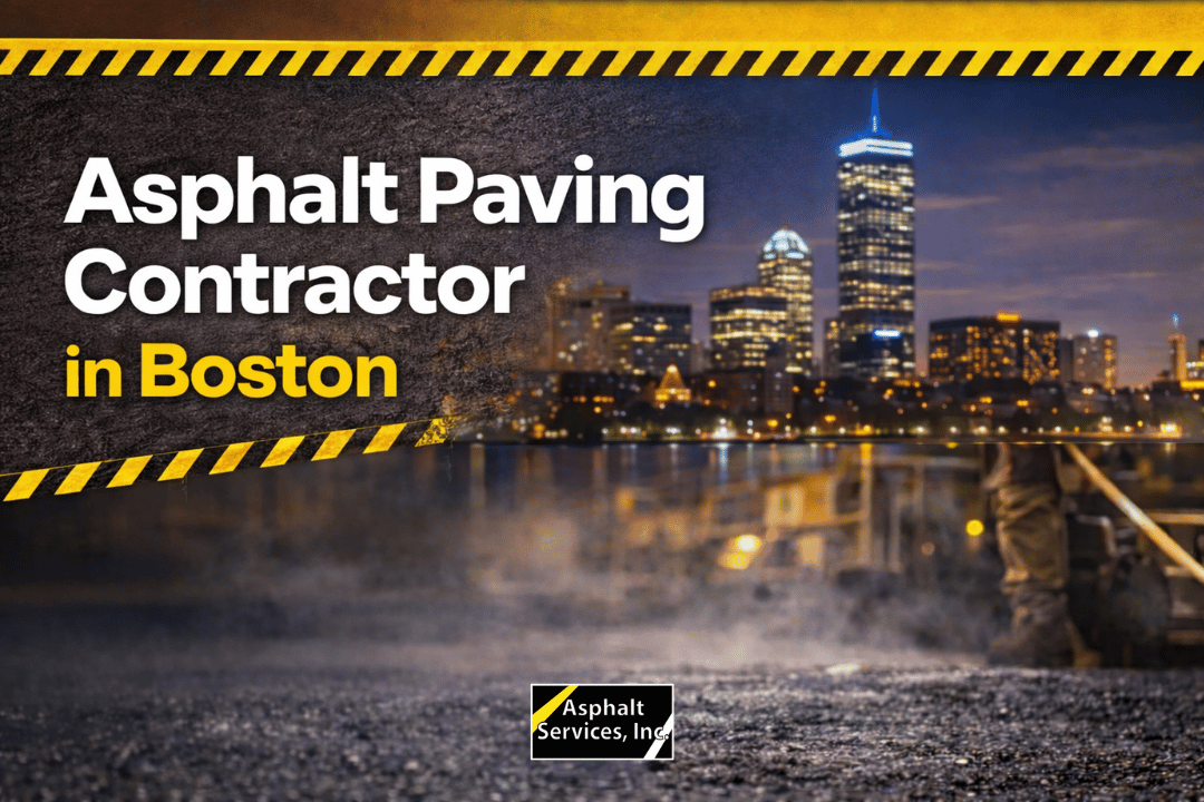 Nighttime view of Boston skyline with text "Asphalt Paving Contractor in Boston" and the Asphalt Services, Inc. logo in the foreground.