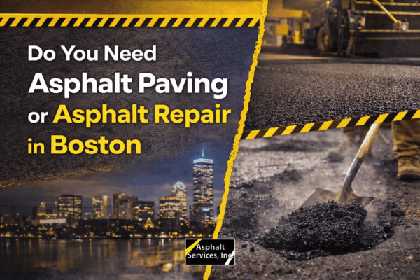 A promotional image for asphalt paving and repair services in Boston, showing machinery laying asphalt and a shovel spreading material, with the city skyline in the background.