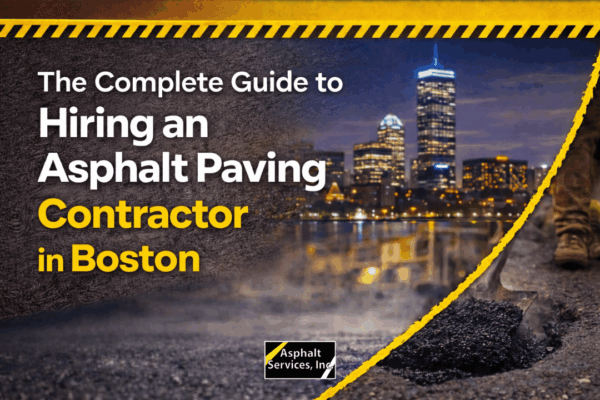 A promotional image for Asphalt Services, Inc. featuring text about hiring an asphalt paving contractor in Boston, with a city skyline and roadwork scene.