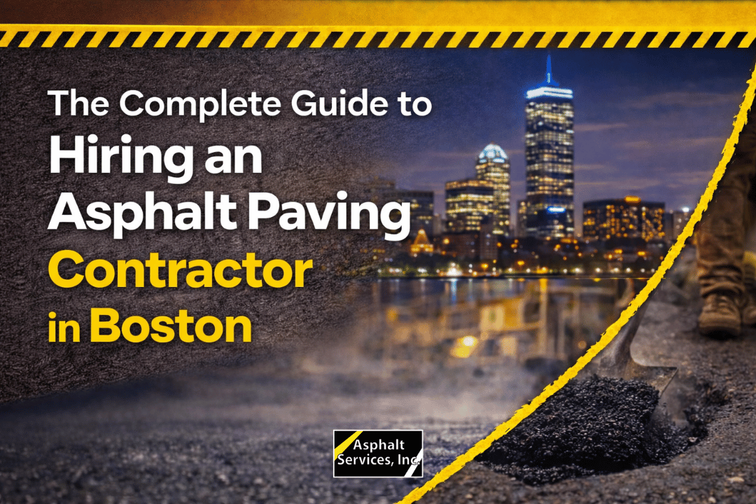 A promotional image for Asphalt Services, Inc. featuring text about hiring an asphalt paving contractor in Boston, with a city skyline and roadwork scene.