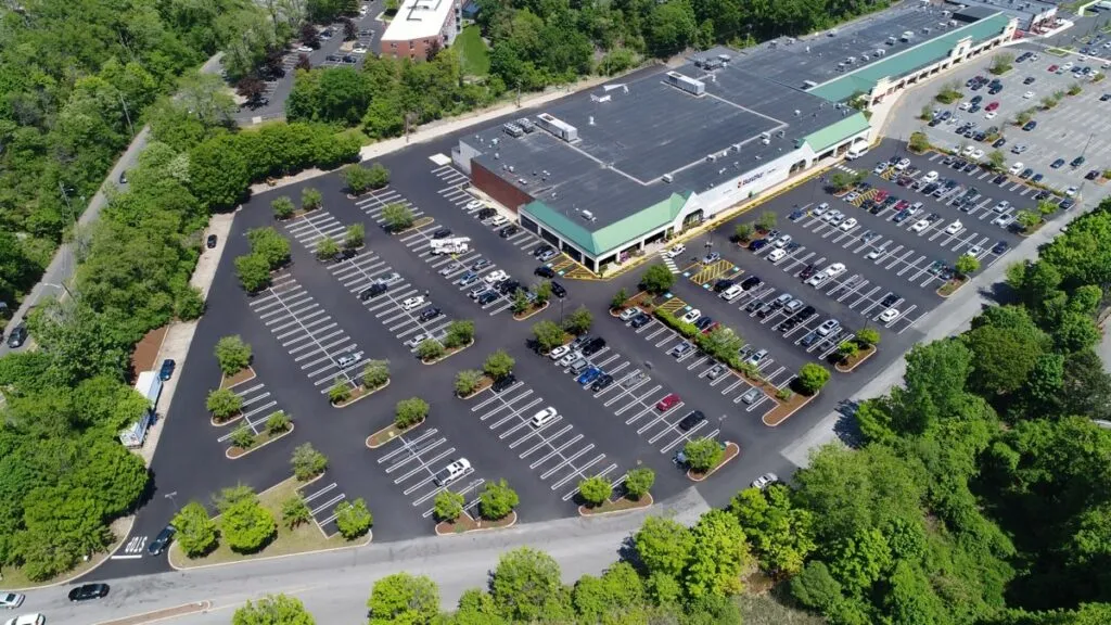 An aerial view of a parking lot.