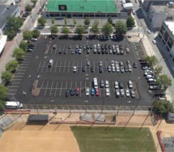 An aerial view of a parking lot.