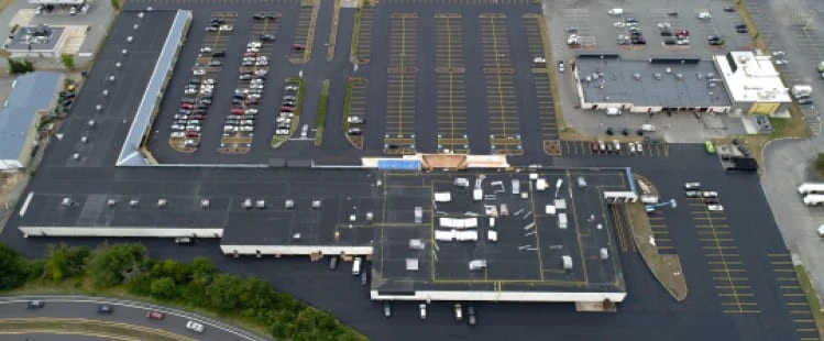An aerial view of a parking lot.