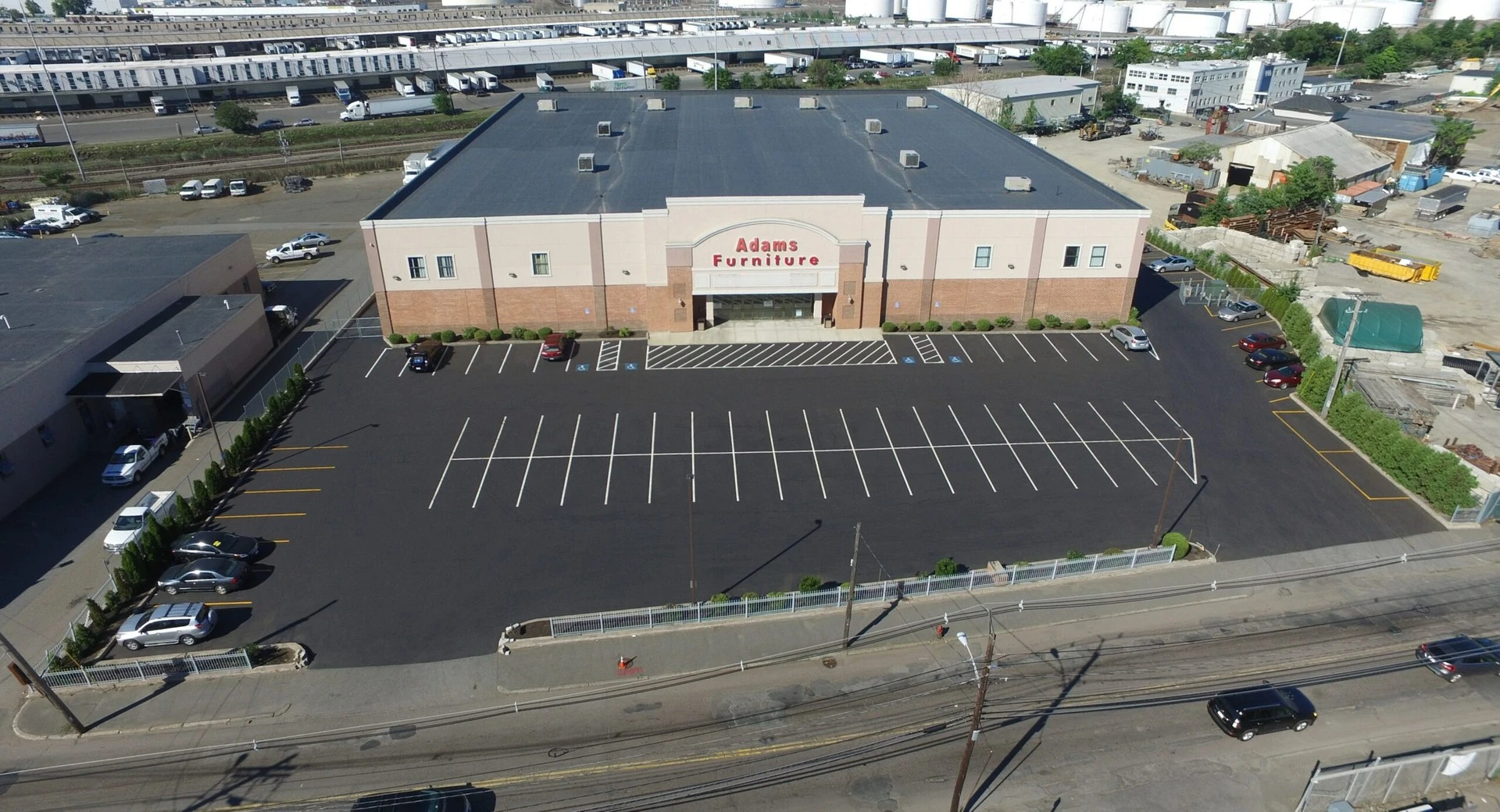 An aerial view of a large parking lot.