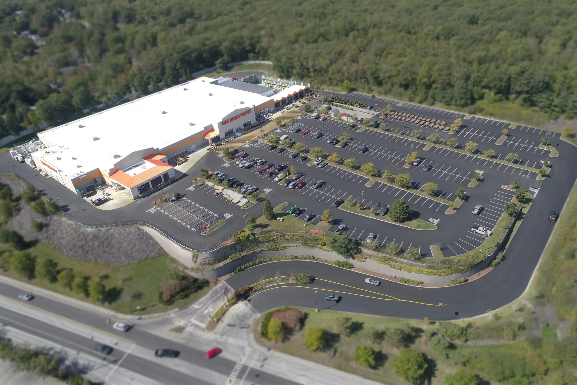 An aerial view of a large parking lot.