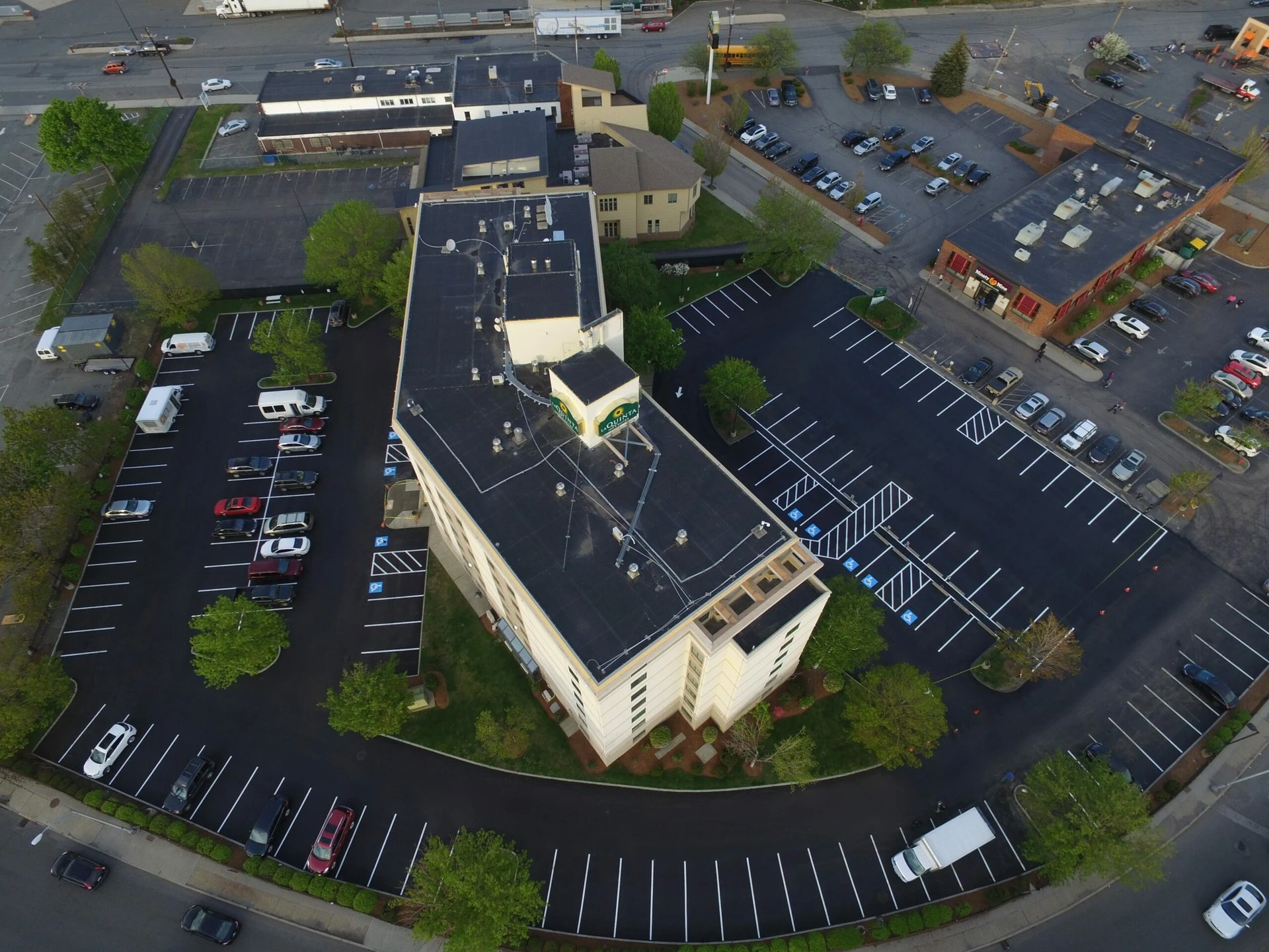 An aerial view of a parking lot. An aerial view of a parking lot.