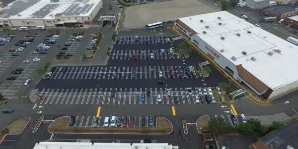 An aerial view of a parking lot.