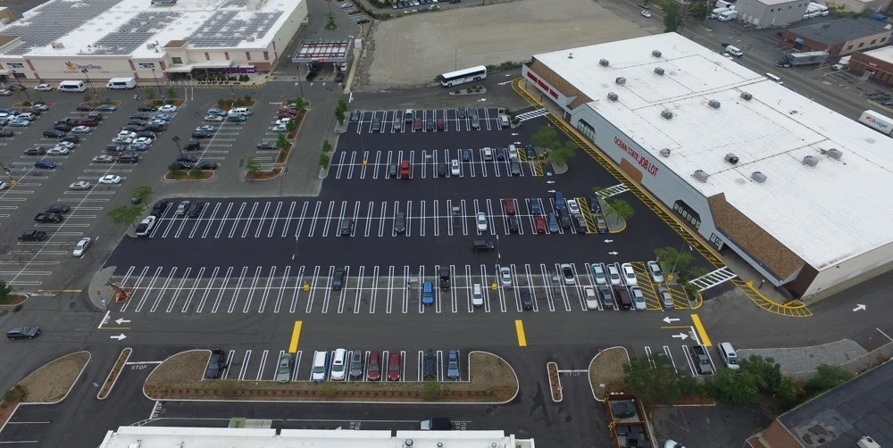 An aerial view of a parking lot.