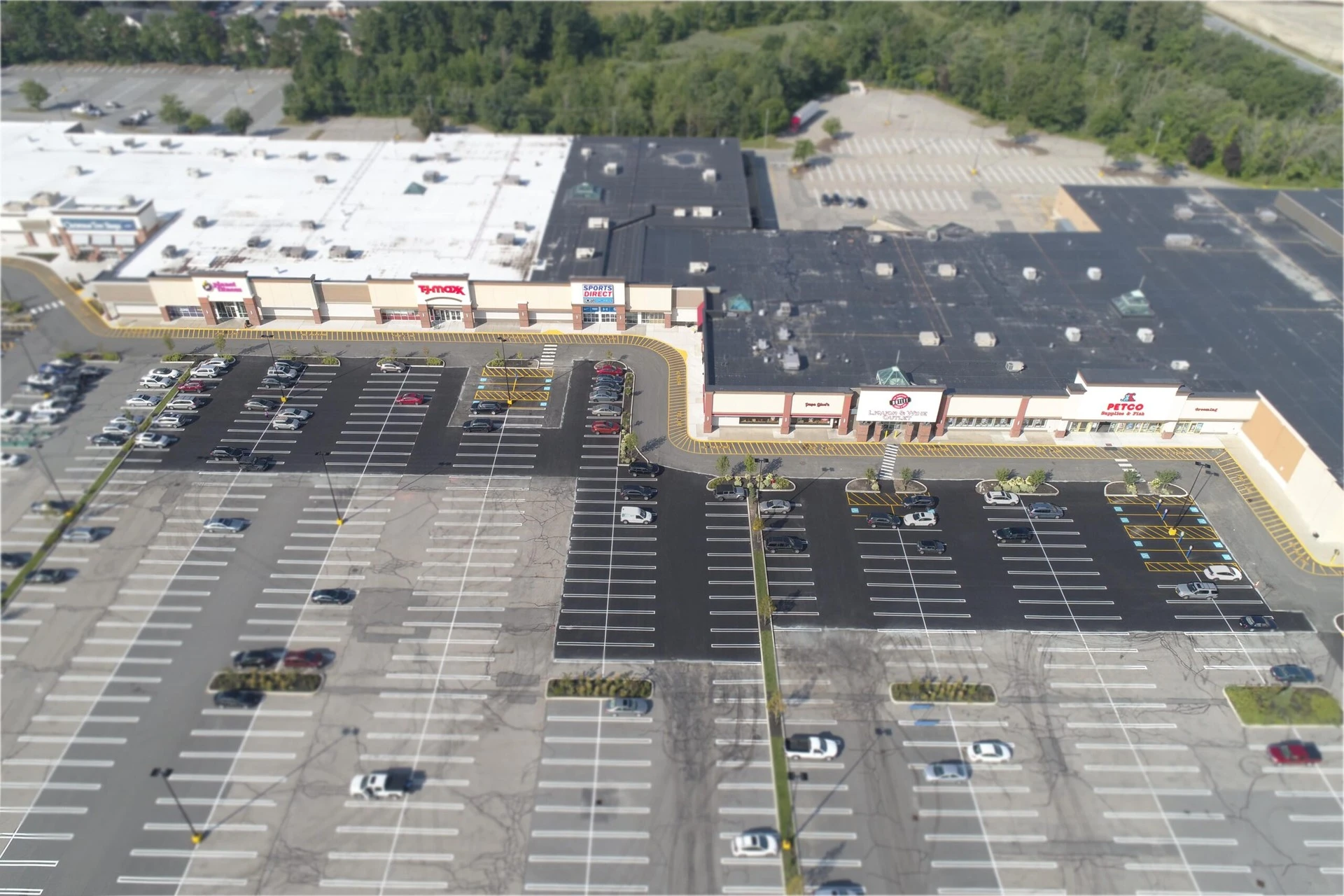 An aerial view of a parking lot.