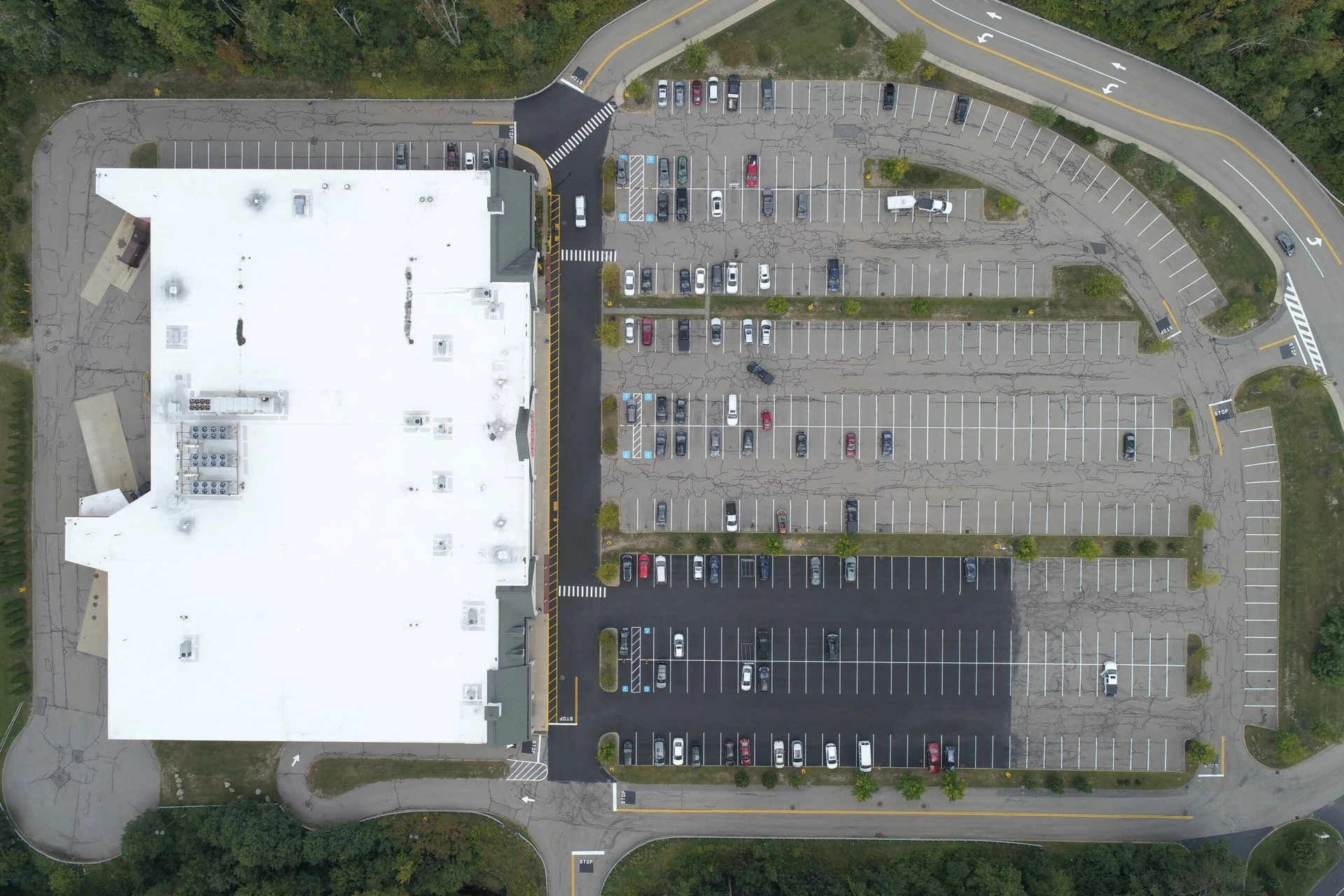 An aerial view of a parking lot.