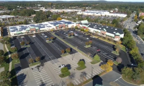 An aerial view of a parking lot.