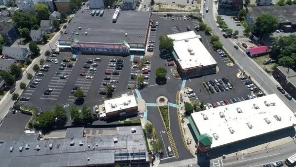 An aerial view of a parking lot.